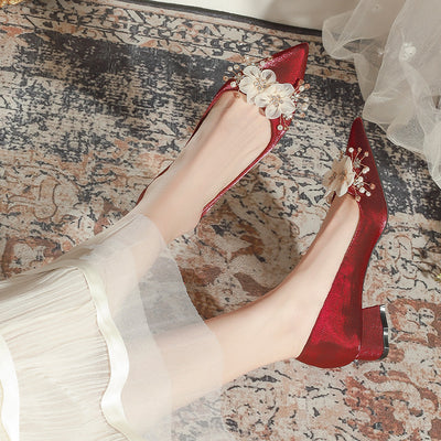Satin Thick-heeled Pointed Pearl Wedding Shoes