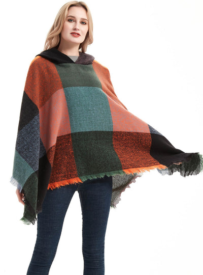 Plaid Pullover Cape Hooded Cape Shawl