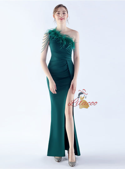 One Shoulder Split Beading Prom Dress