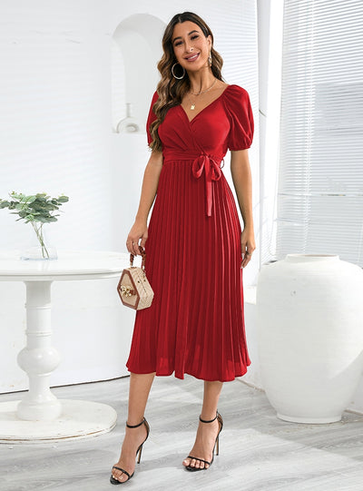 V-neck Pleated Lantern Sleeve Dress