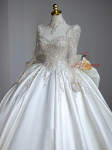 White Satin Long Sleeve Backless Beading Wedding Dress