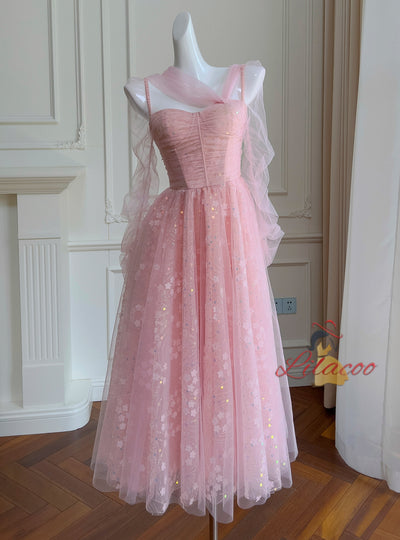 Pink Tulle Sequins Pleats Prom Dress