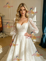 White Lace Long Sleeve Square Neck Wedding Dress