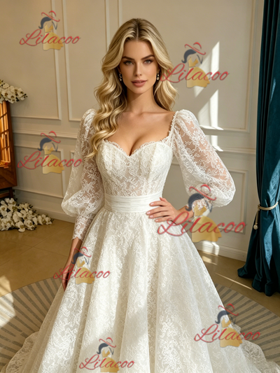 White Lace Long Sleeve Square Neck Wedding Dress