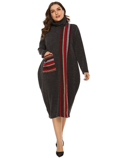 High Neck Contrast Striped Loose Plus Size Dress
