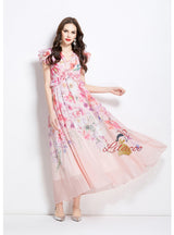 V-neck Silm Waist Printed Long Dress