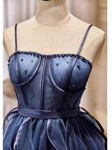 Navy Blue Tulle Straps Pearls Homecoming Dress