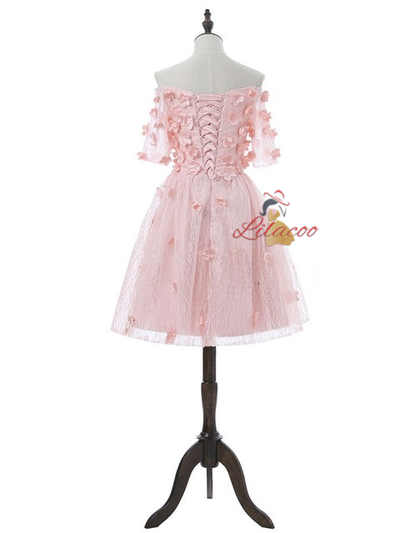 Pink Lace Short Sleeve Flower Homecoming Dress