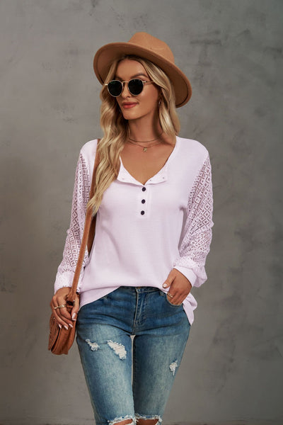 Stitching Long Sleeve Button T-shirt