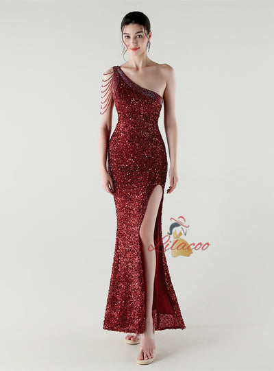 Mermaid Sequins One Shoulder Beading Prom Dress