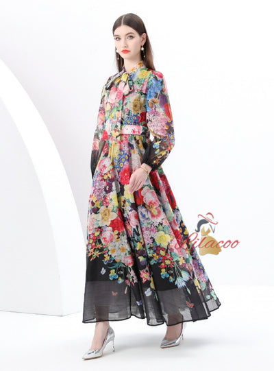 Lantern Sleeve Retro Print Slim Dress