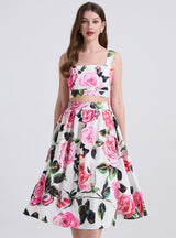 Printed Tube Top Suspender Vest Skirt Suit