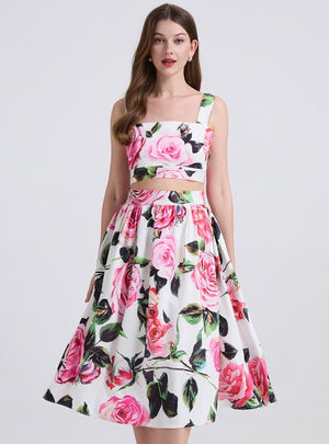 Printed Tube Top Suspender Vest Skirt Suit