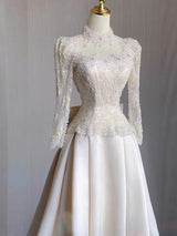 Ivory Satin Lace Long Sleeve Backless Wedding Dress
