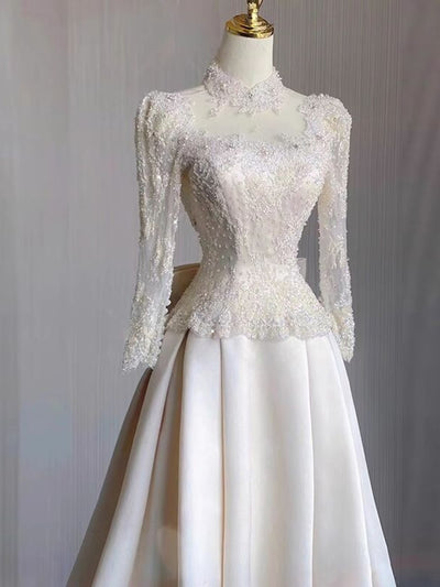 Ivory Satin Lace Long Sleeve Backless Wedding Dress
