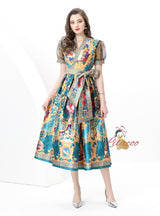 Palace V-neck Mesh Bubble Sleeve Printed Dress