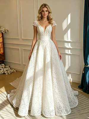 White V-neck Lace Wedding Dress