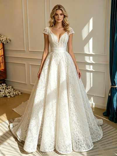 White V-neck Lace Wedding Dress