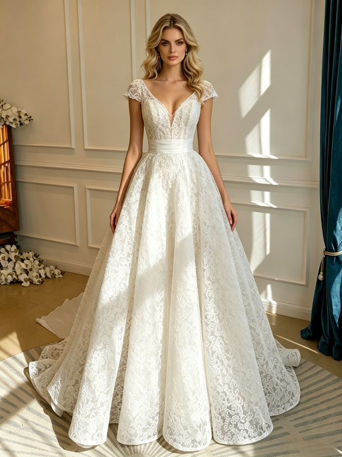 White V-neck Lace Wedding Dress