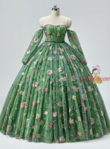 Green Tulle Long Sleeve Embroidery Prom Dress