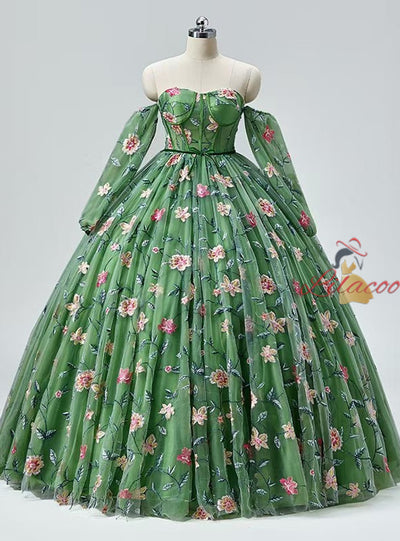 Green Tulle Long Sleeve Embroidery Prom Dress