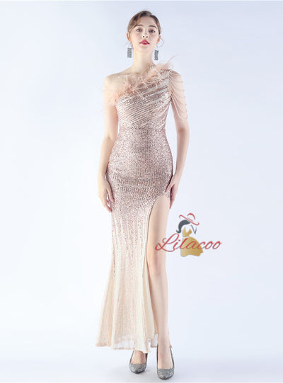 One Shoulder Sequins Split Prom Dress