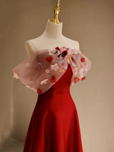 Burgundy Satin Colorful Flower Prom Dress