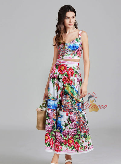 Oil Painting Printed Top Skirt Two-piece Suit
