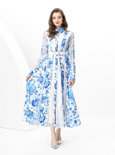 Spliced Wide Swing Printed Lace Long Dress