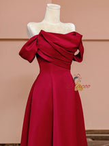 Burgundy Satin Pleats Prom Dress