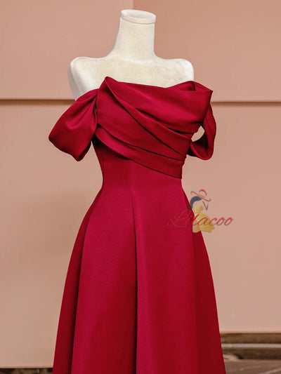 Burgundy Satin Pleats Prom Dress