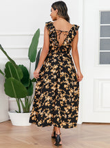 Sexy V-neck Floral Pleated Dress