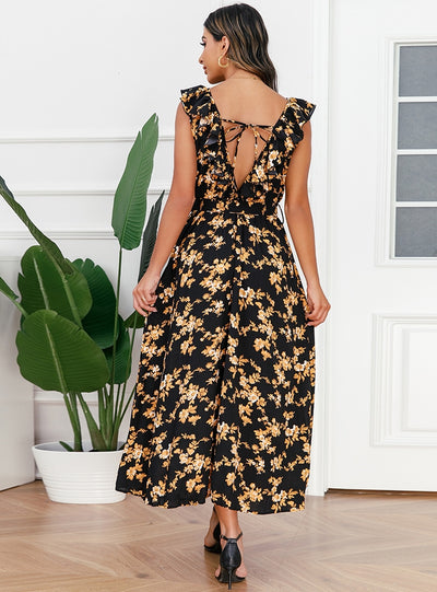 Sexy V-neck Floral Pleated Dress