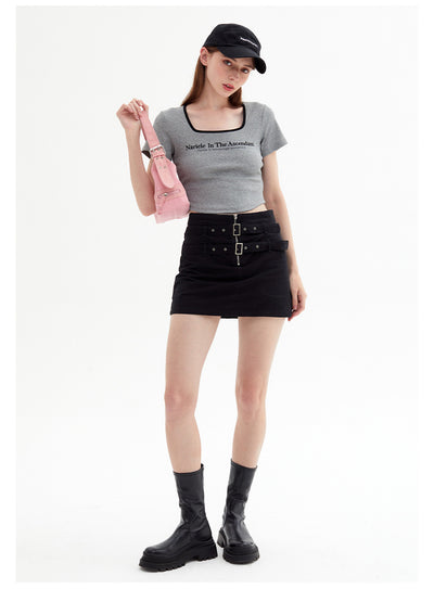 Square Collar Letter Slim Short Sleeve T-shirt