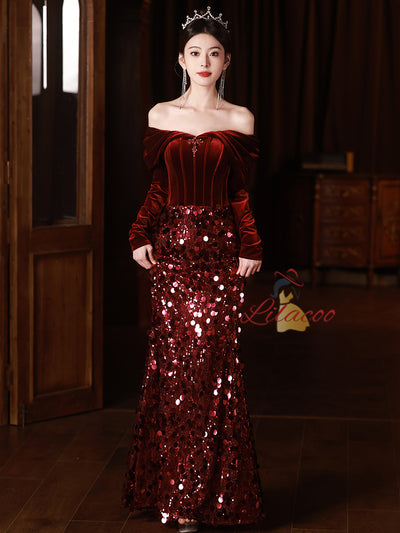 Burgundy Mermaid Sequins Velvet Prom Dress