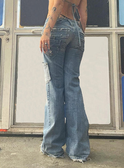 Retro Printed Stitching High-waisted Jeans