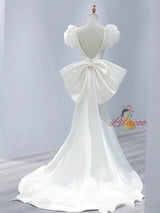 White Mermaid Satin Puff Sleeve Backless Wedding Dress