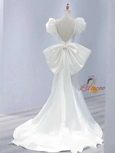 White Mermaid Satin Puff Sleeve Backless Wedding Dress