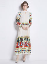 Printed Lantern Sleeve Pleated Belt Dress