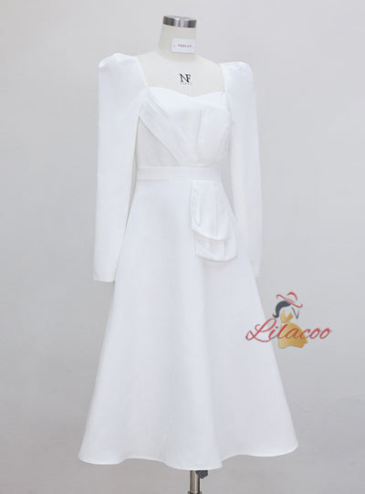 White Long Sleeve Square Neck Short Prom Dress