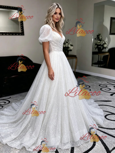 White Sequins Puff Sleeve Wedding Dress