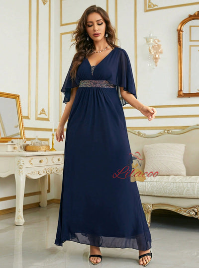 Navy Blue Chiffon V-neck Prom Dress