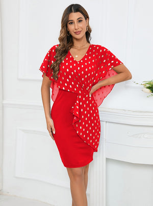 Slim-fit V-neck Gilded Polka-dot Chiffon Dress