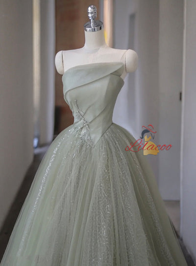 Green Tulle Sequins Strapless Appliques Prom Dress
