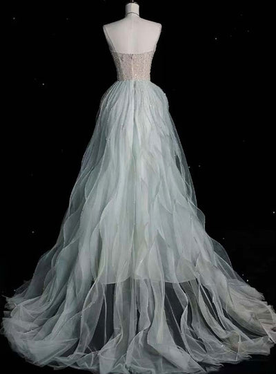 Green Tulle Sequins Strapless Prom Dress