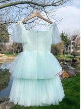 Green Tulle Square Neck Sequins Prom Dress