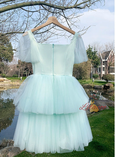 Green Tulle Square Neck Sequins Prom Dress