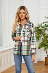 Button Lapel Loose Long Sleeve Plaid Woolen Coat