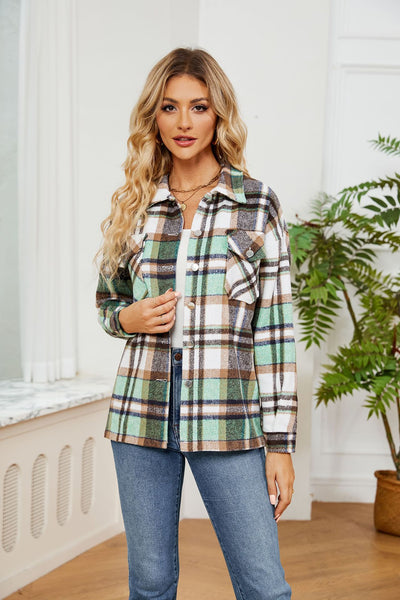 Button Lapel Loose Long Sleeve Plaid Woolen Coat