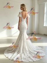 White Mermaid Tulle Appliques Short Sleeve Wedding Dress